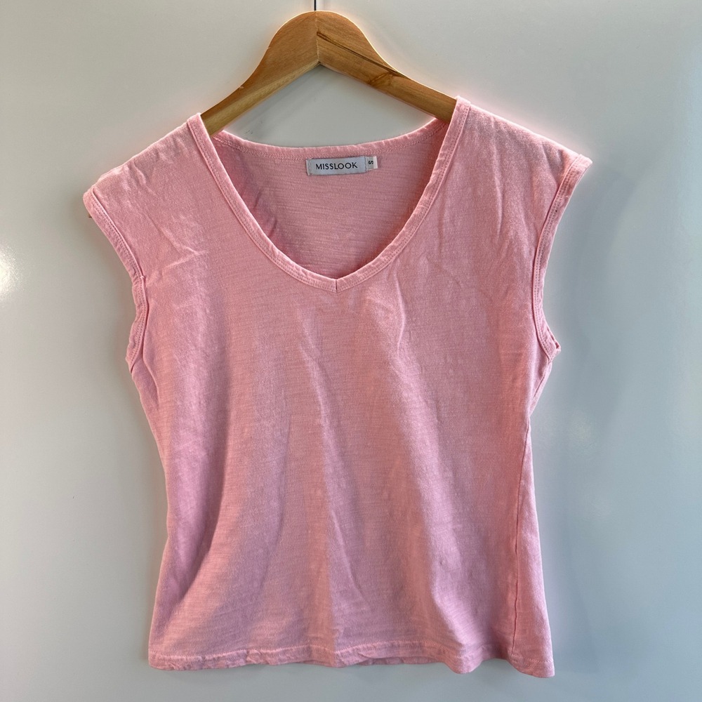 MISSLOOK Tee Shirt Pink V-Neck Top Casual Basic Cotton Blend Travel Small - Picture 6 of 8